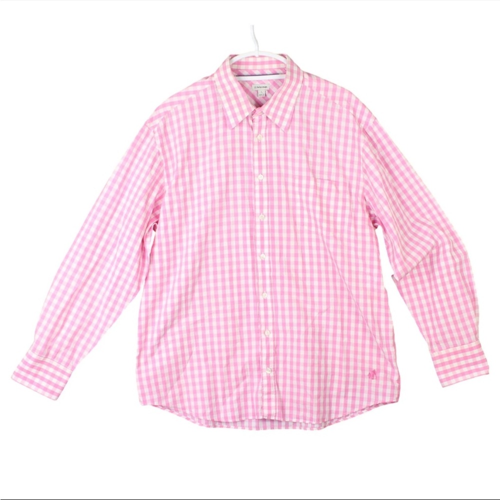 J Peterman Men Button Up Shirt Size L Pink Plaid Lightweight Cotton EUC